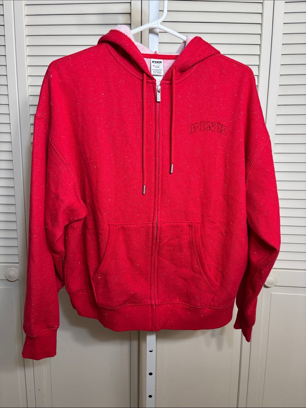 NWT PINK Victoria's Secret Metallic Red Zip-Up Fleeced Hoodie Small